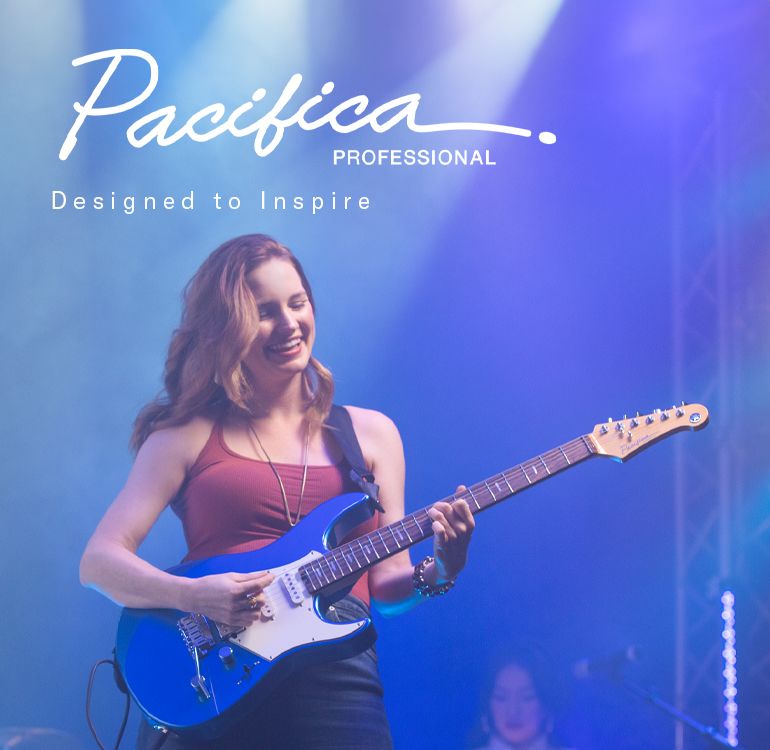 Pacifica professional logo & designed to inspire text. Female on stage performing with Sparkle Blue.