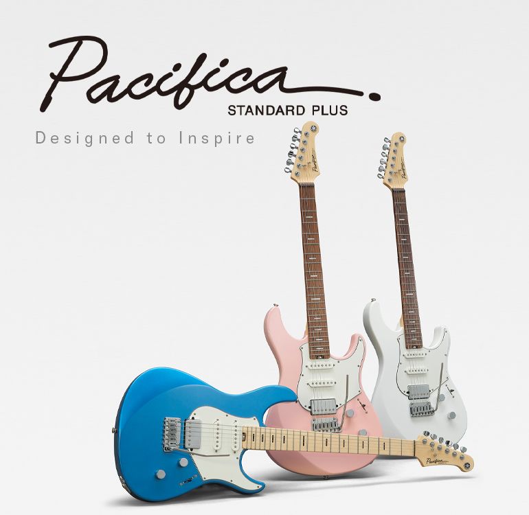 White background. Left: Pacifica professional logo & designed to inspire text. Right: 3 guitars